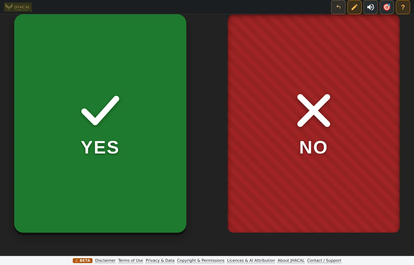 Speak a Choice showing two large cards, a green Yes with a tick and a red No with a cross.