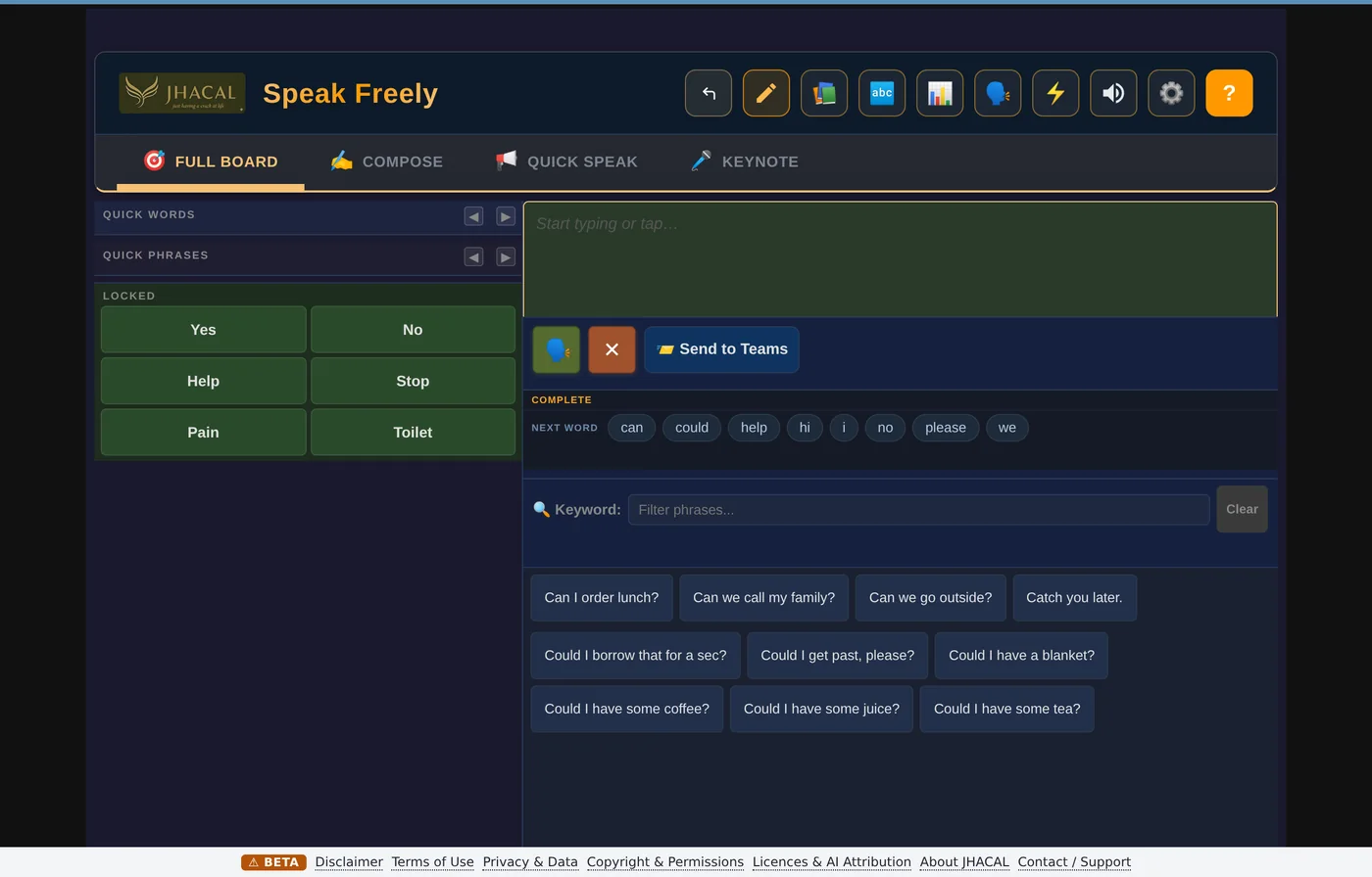The Speak Freely board on a desktop, with quick word and phrase tiles, locked Yes, No, Help, Stop, Pain and Toilet buttons, and a row of predicted next words.