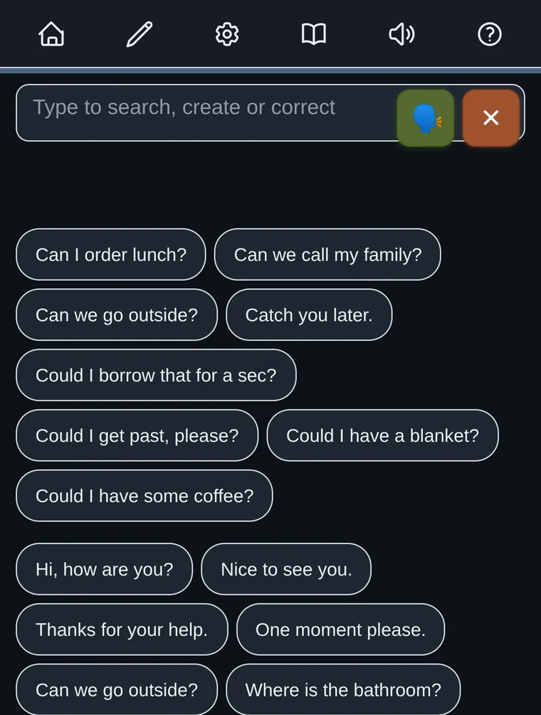 Speak n Go on a phone, with a search box and tappable phrase chips such as Can I order lunch and Can we call my family.