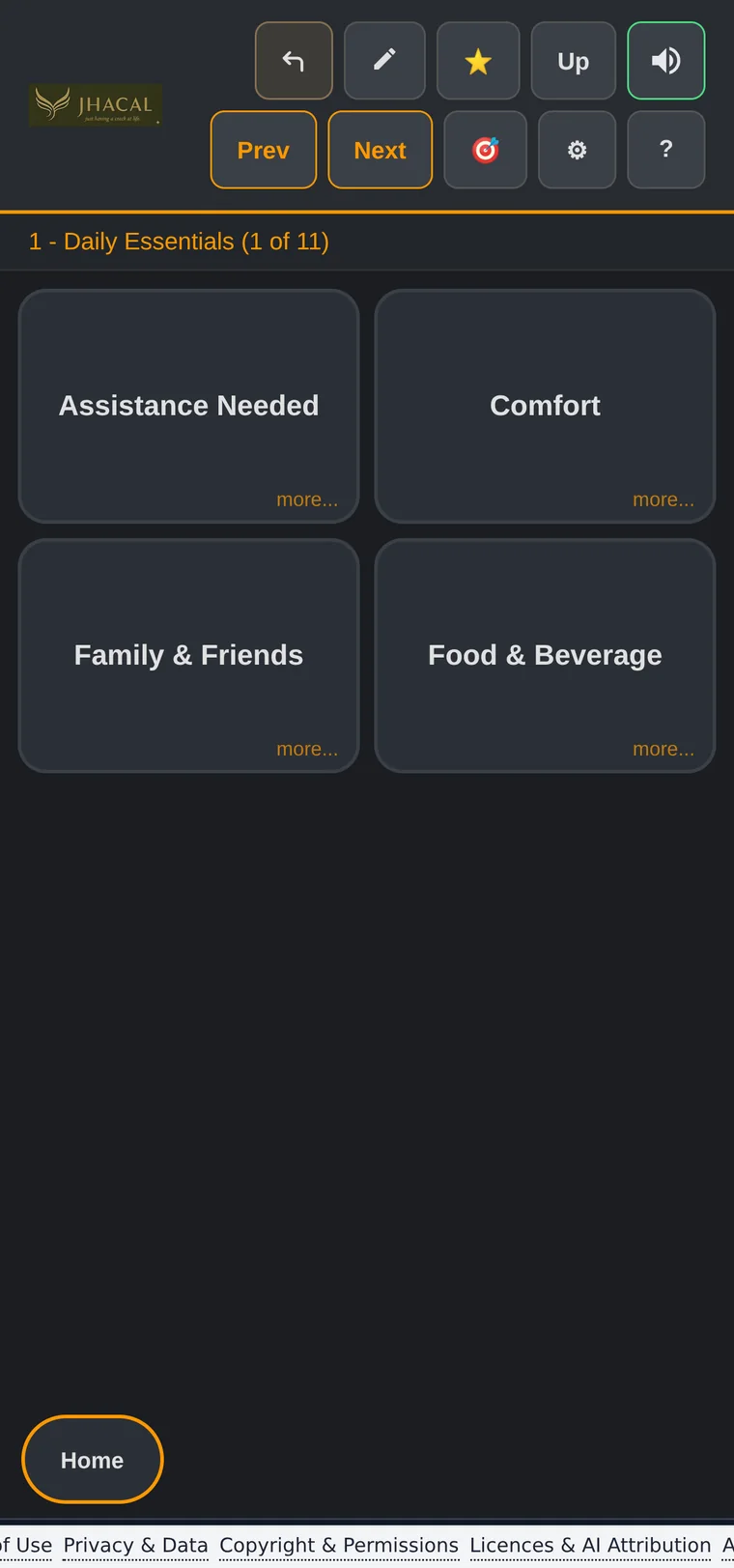 Speak your Point Lite on a phone, showing Daily Essentials categories such as Assistance Needed, Comfort, Family and Friends, and Food and Beverage.