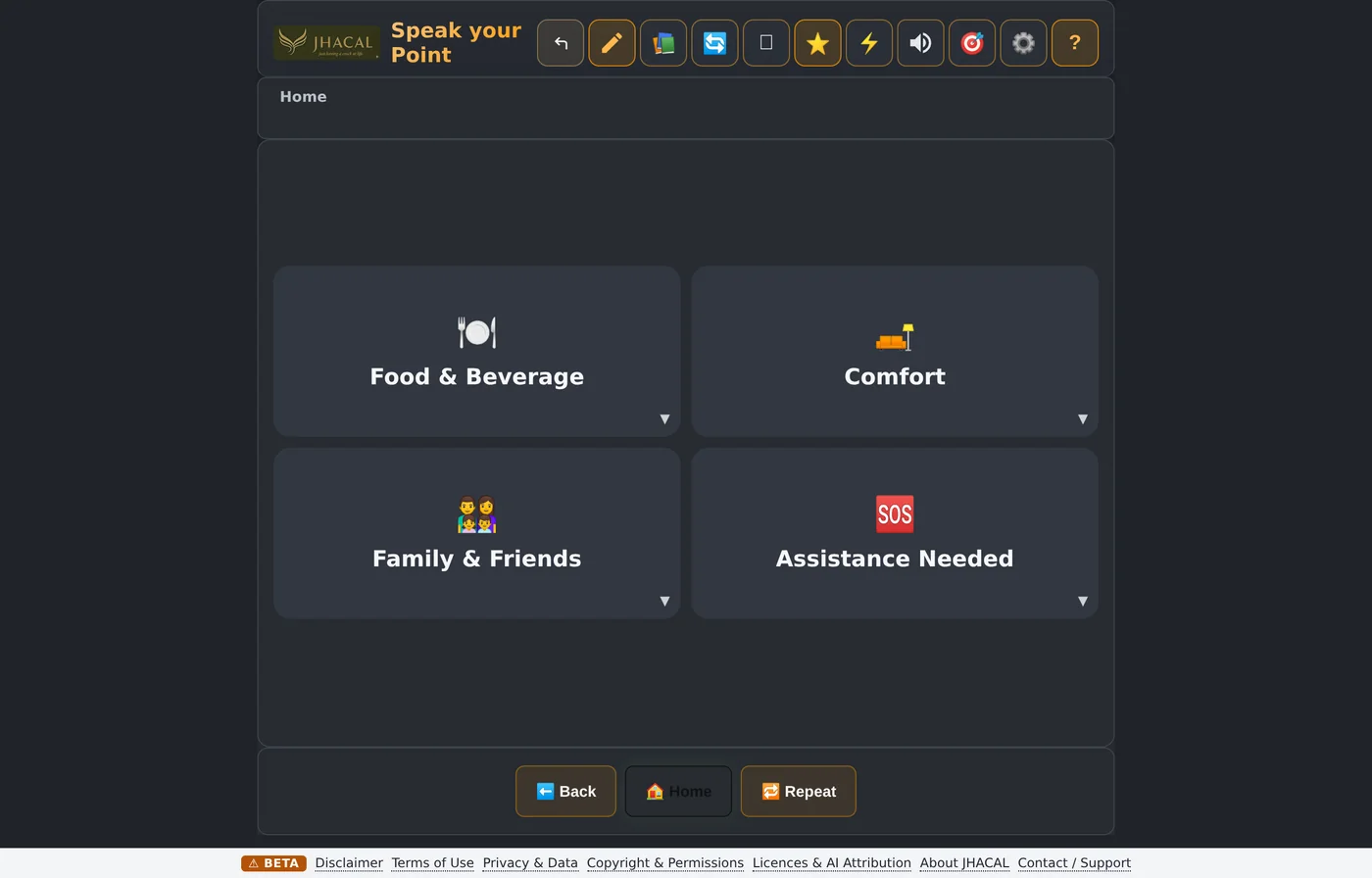 Speak your Point open at its home topics, with large picture tiles for Food and Beverage, Comfort, Family and Friends, and Assistance Needed.