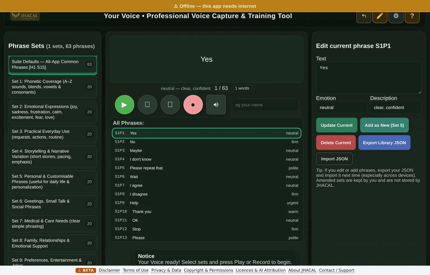 Your Voice, with a list of saved phrases and a recorder used to capture and keep a person's own speech.
